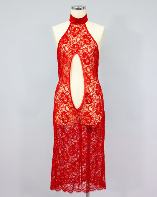 Lace Halter Neck Dress RED